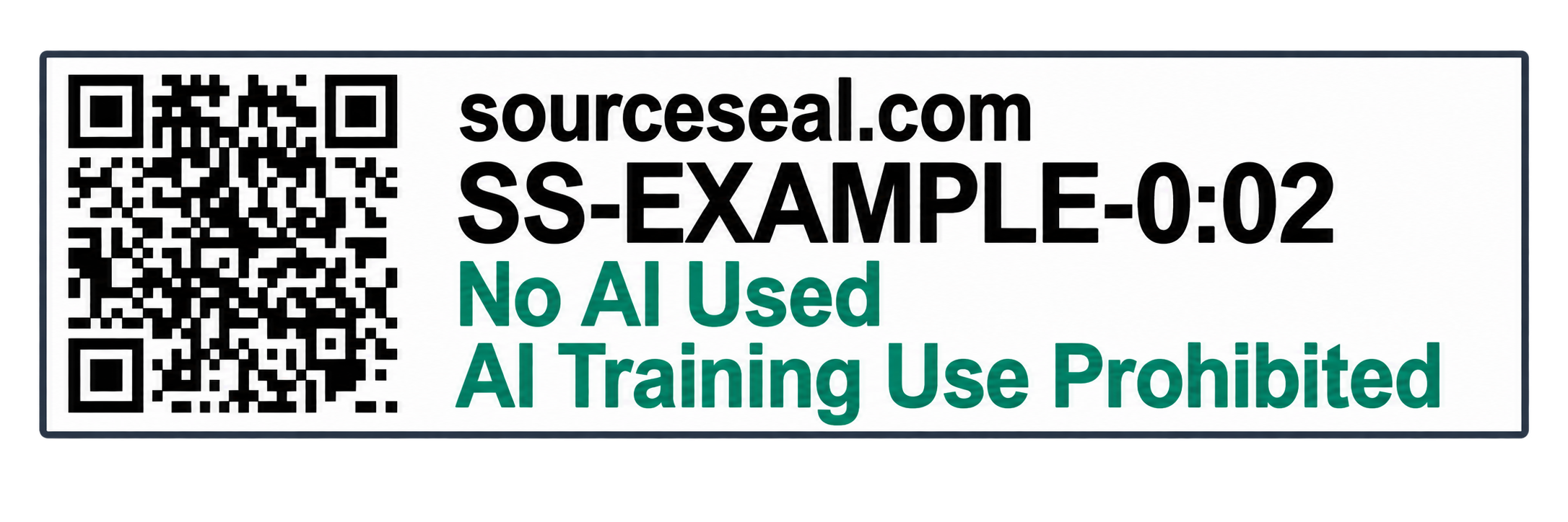Example SourceSeal showing a QR code, SourceSeal identifier, AI use declaration, and AI training restriction.