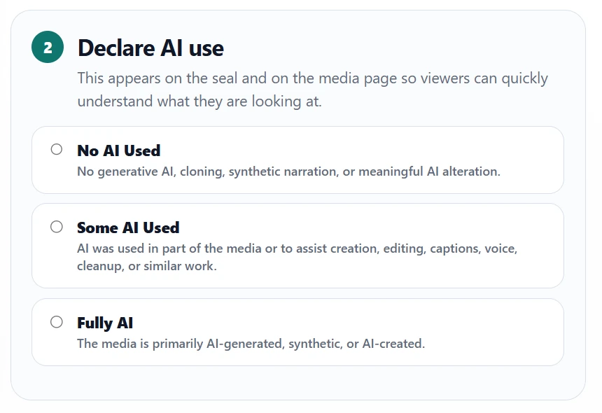 SourceSeal AI-use declaration choices: No AI Used, Some AI Used, and Fully AI.