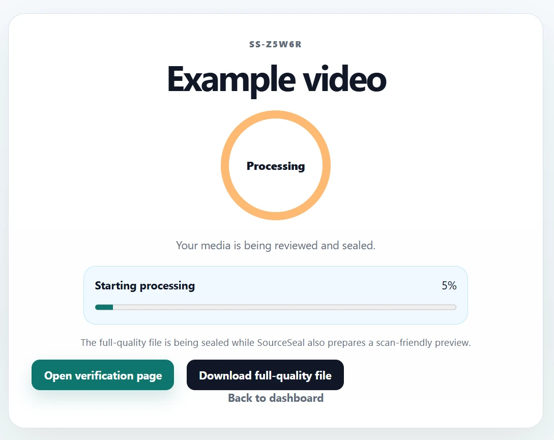 SourceSeal processing status page showing a progress bar and download actions.
