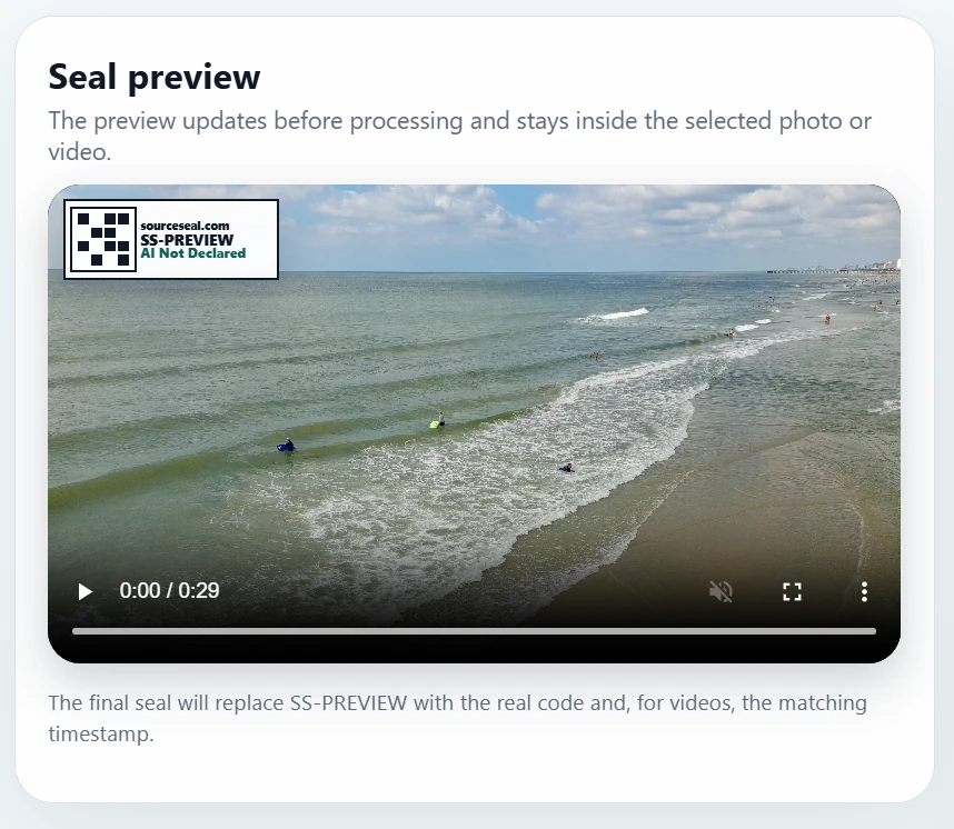SourceSeal preview panel showing a visible seal placed inside a video before processing.