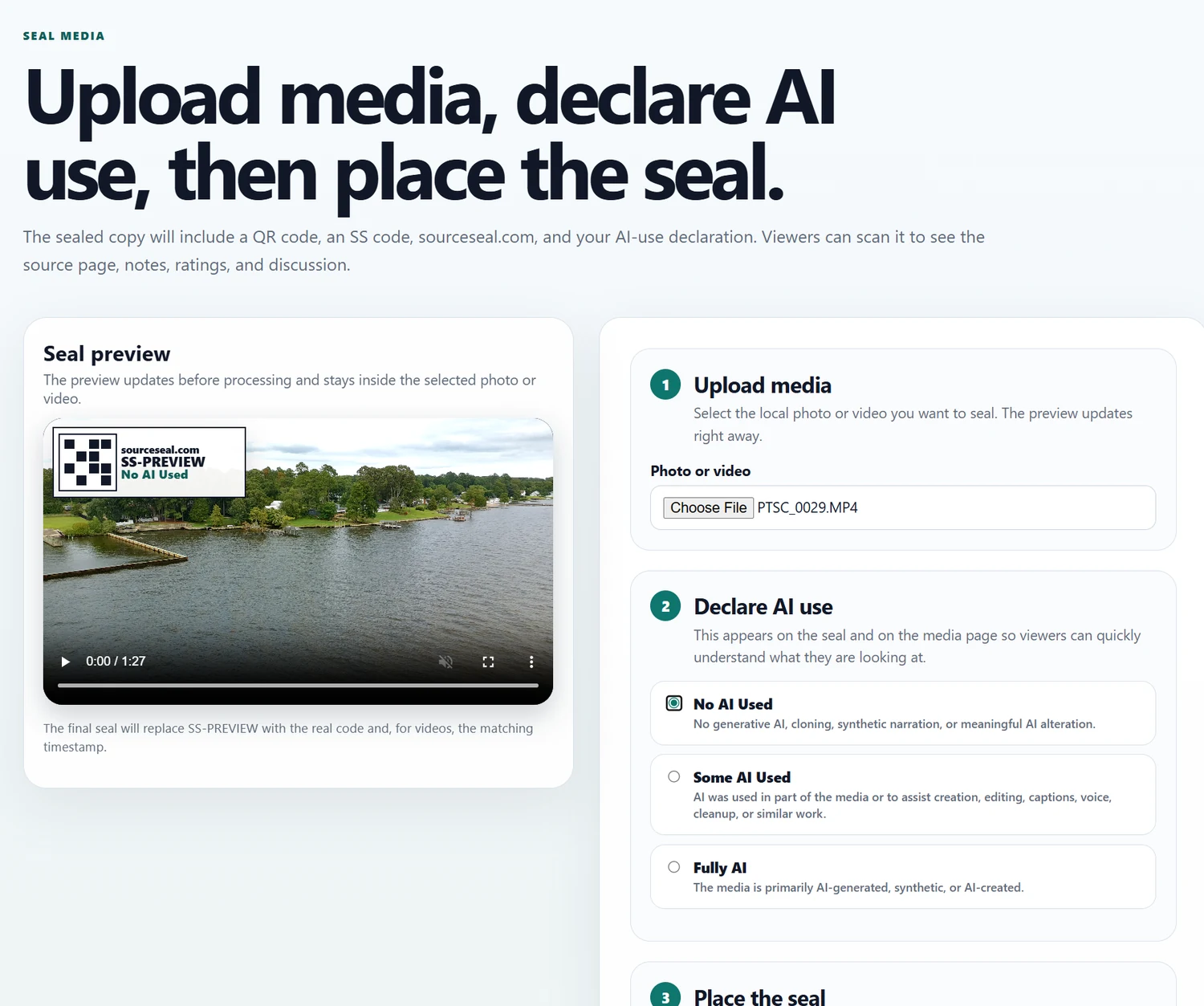 SourceSeal upload page showing the seal preview, media upload step, and AI-use declaration options.
