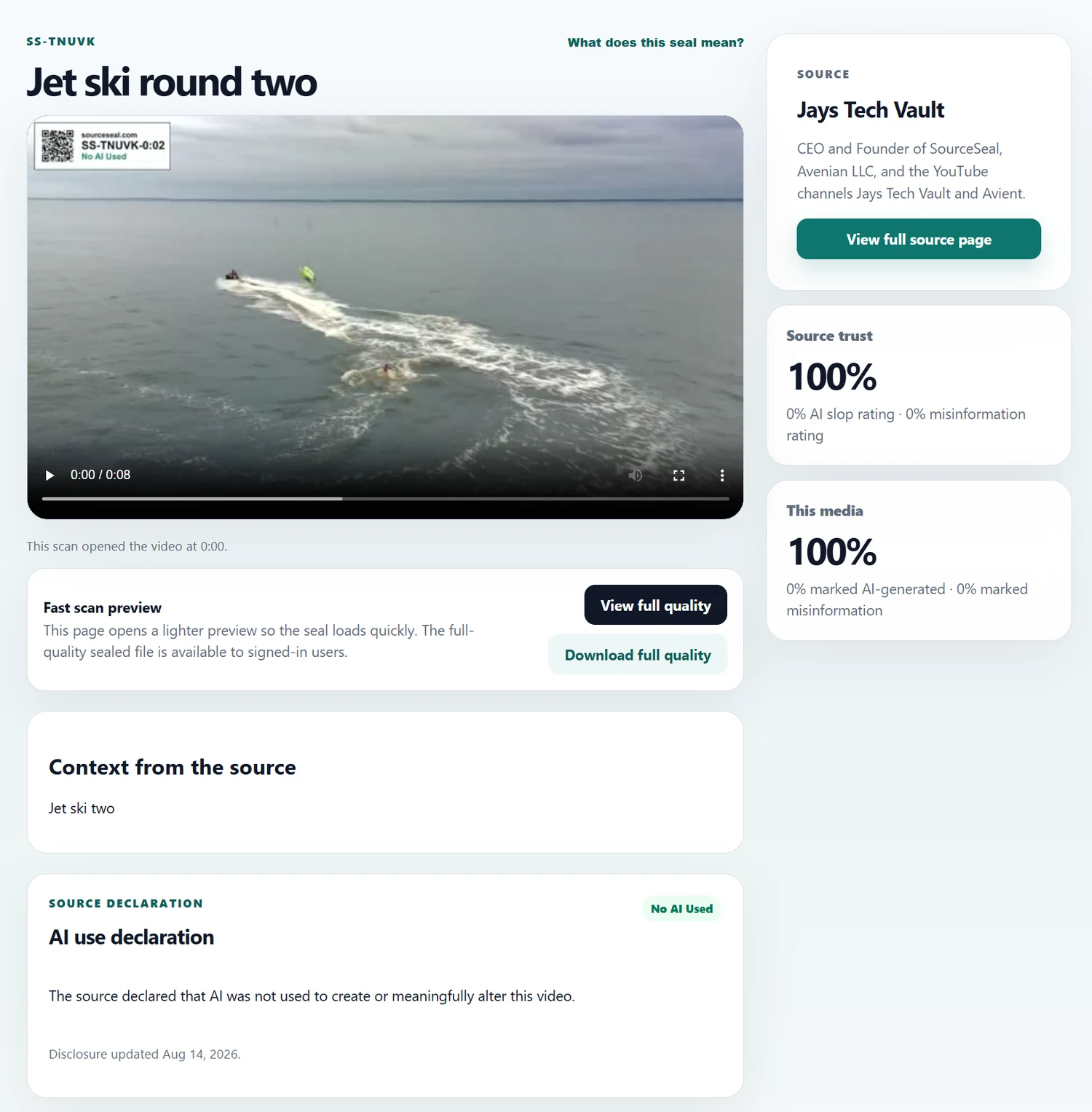 SourceSeal verification page showing a sealed video, source card, trust scores, context, and AI-use declaration.